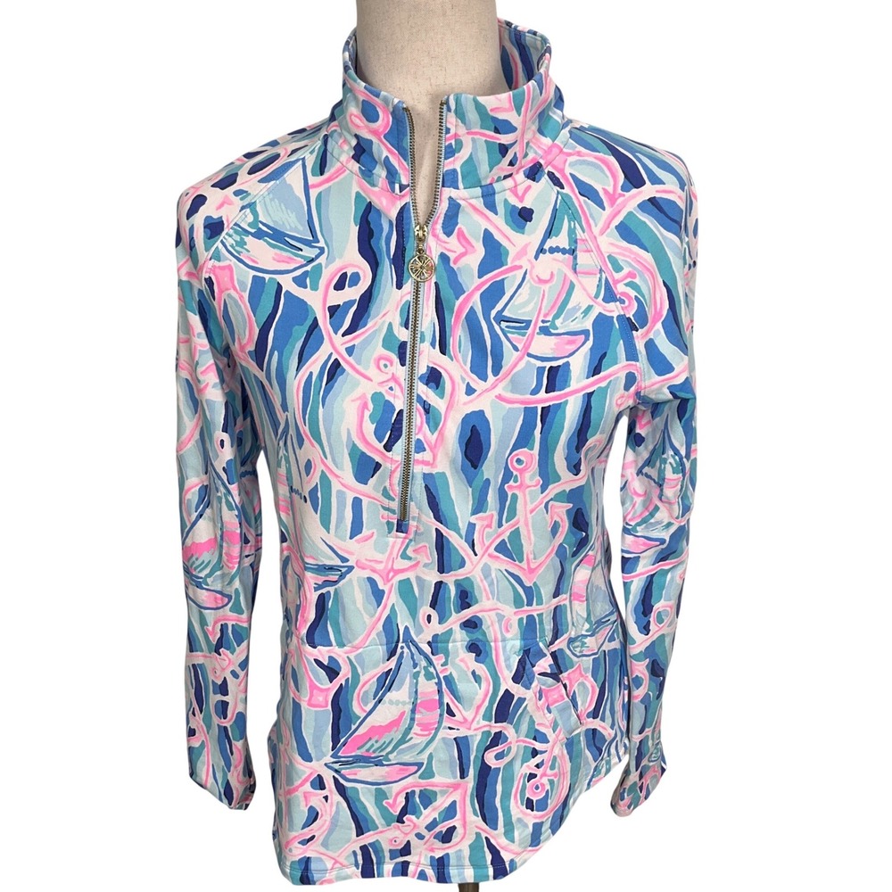 Lilly Pulitzer Skipper Popover Womens Small Blue Pink Nautical Anchor Sailboat